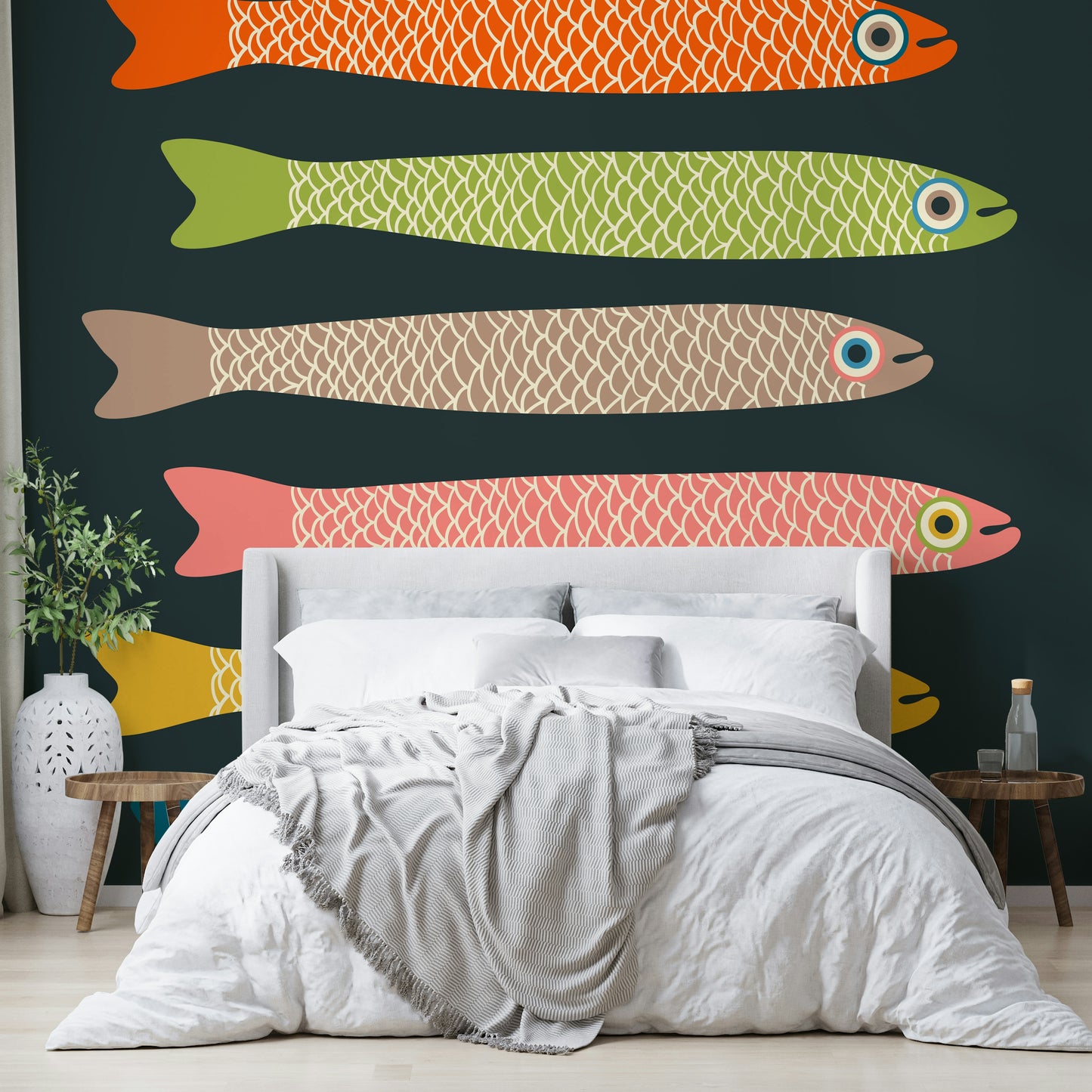 Retro vintage fish design mural on charcoal wall for modern rooms.

