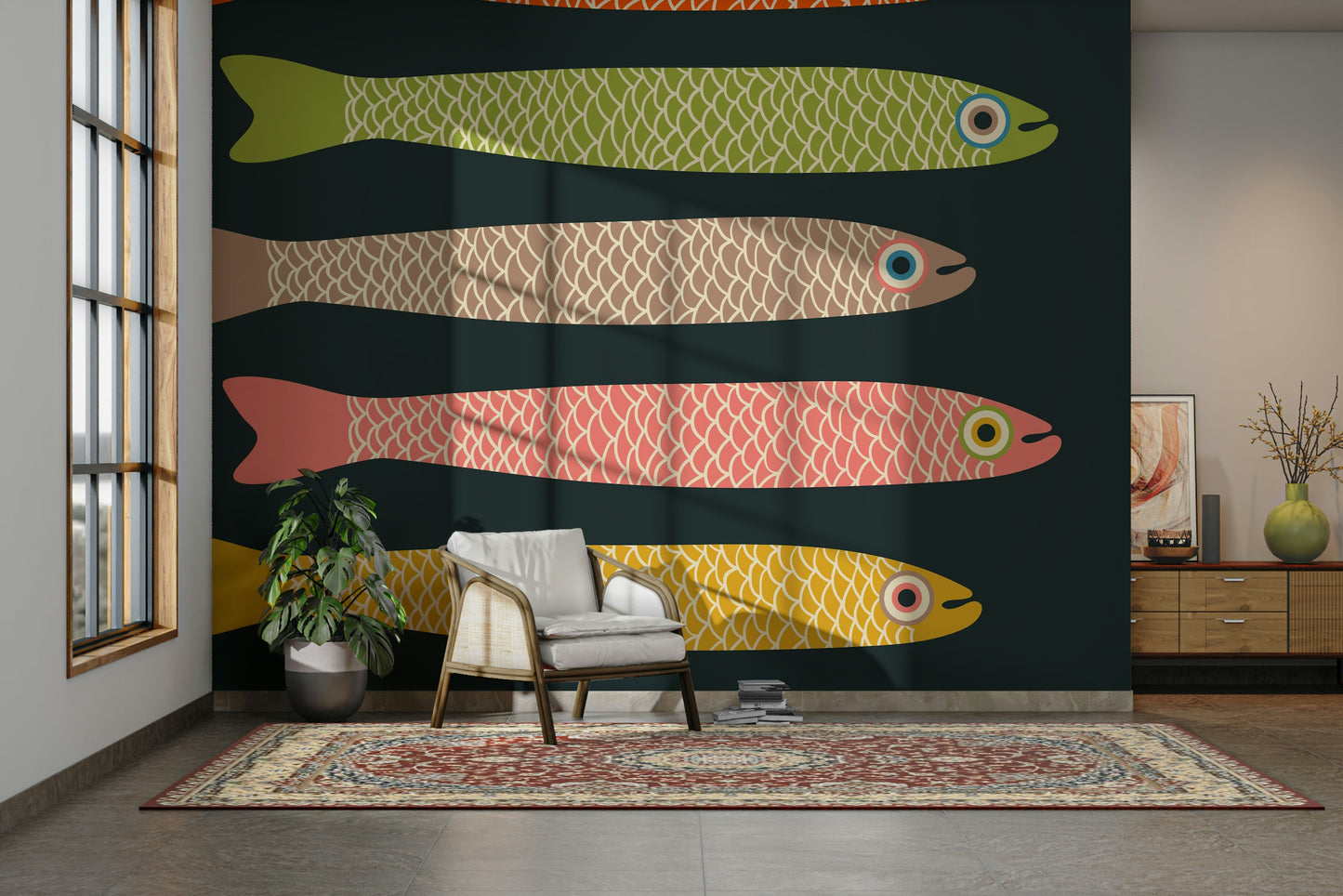 Playful retro fish mural with colorful anchovies on charcoal.


