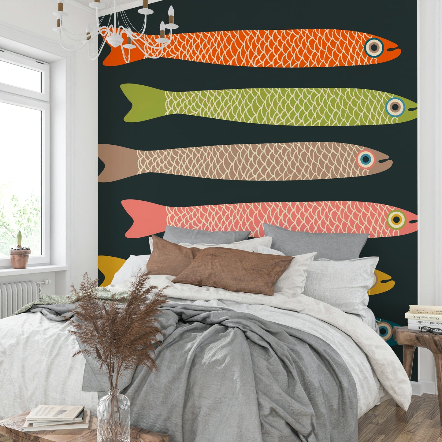 Bold, multicolored anchovies wall mural on a charcoal backdrop.

