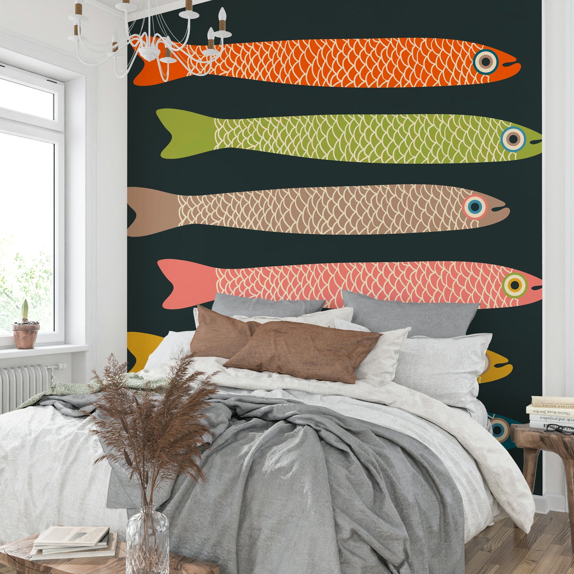 Bold, multicolored anchovies wall mural on a charcoal backdrop.

