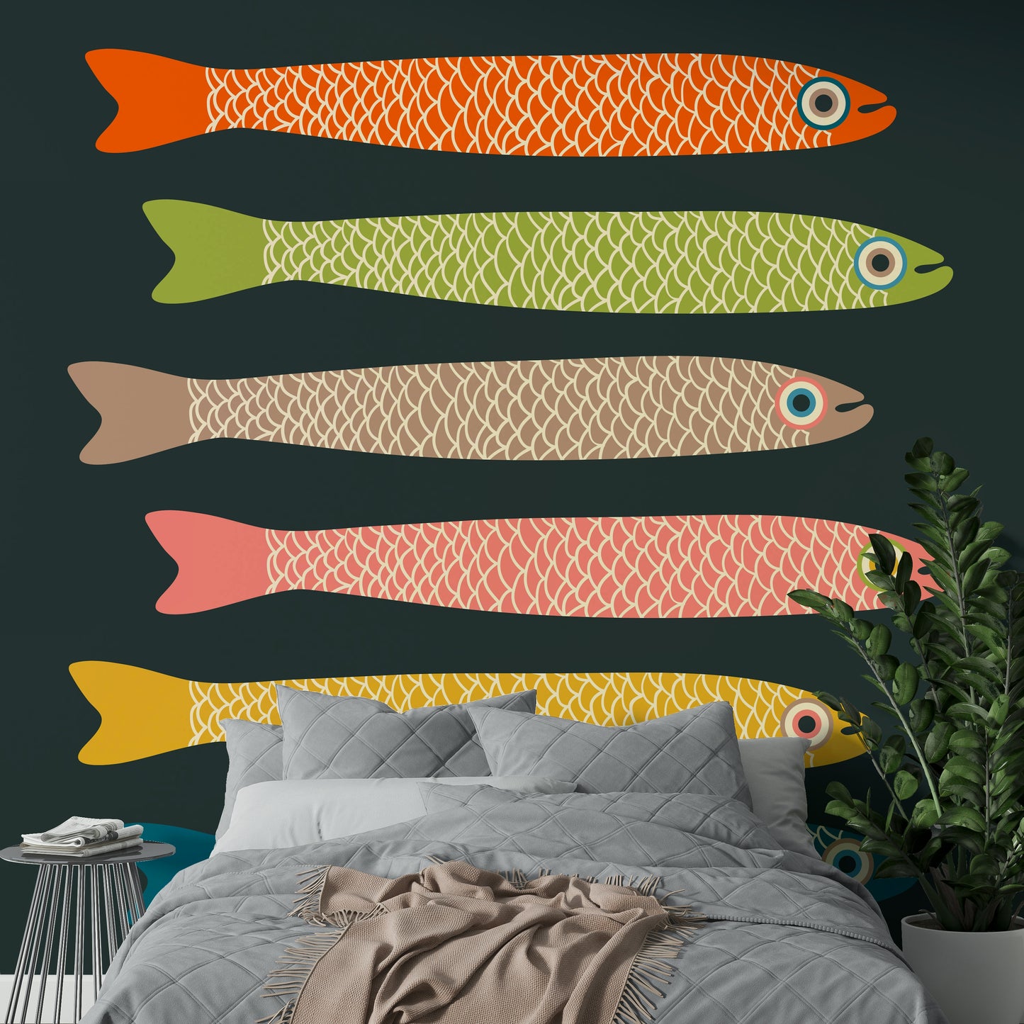 Anchovies fish design mural in vibrant colors for bold spaces.

