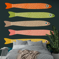 Anchovies fish design mural in vibrant colors for bold spaces.

