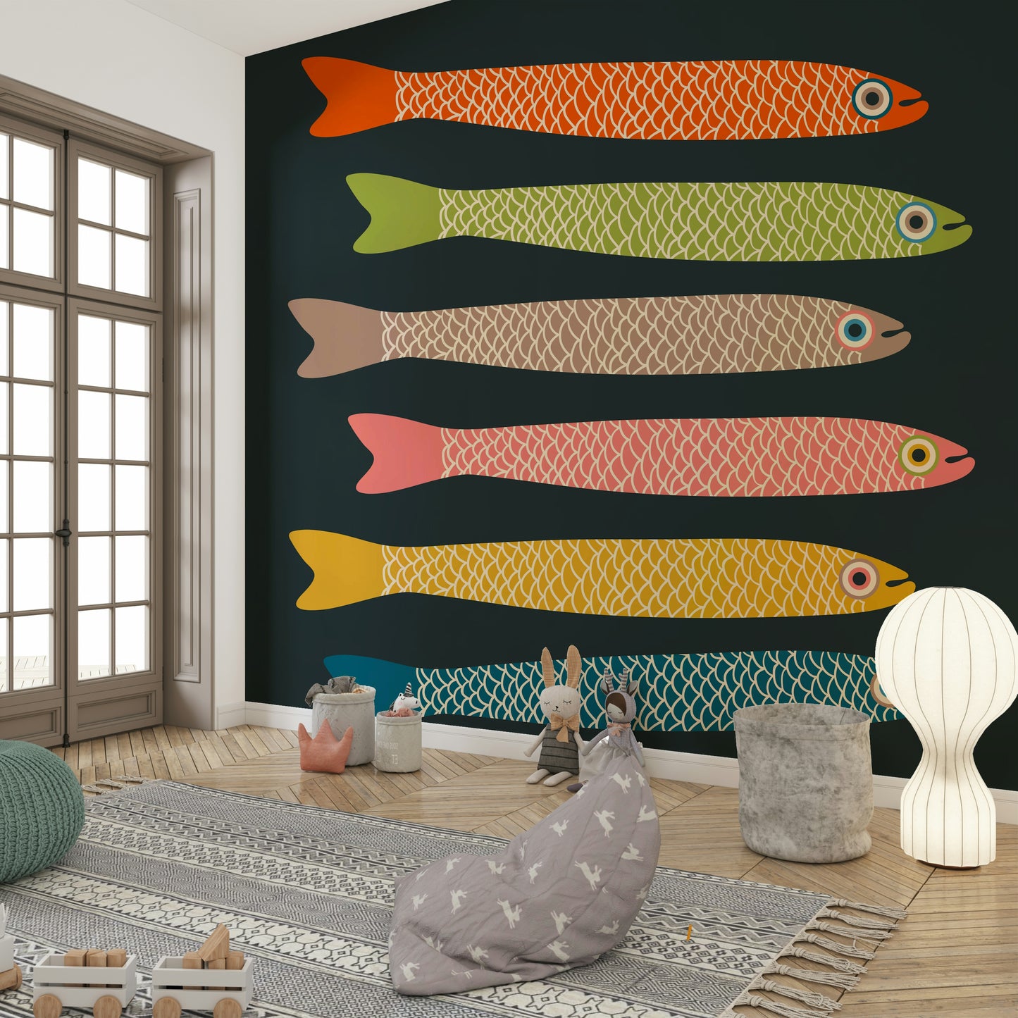 Anchovies retro wall mural for adding color and character to rooms.

