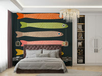 Charcoal wall mural featuring playful multicolored fish design.

