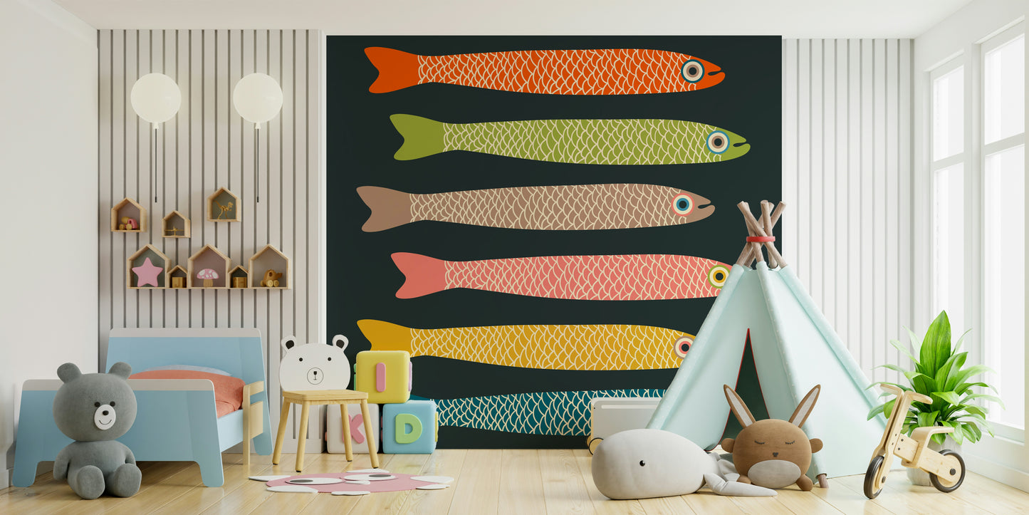 Retro-inspired fish wall mural for lively and fun interiors.

