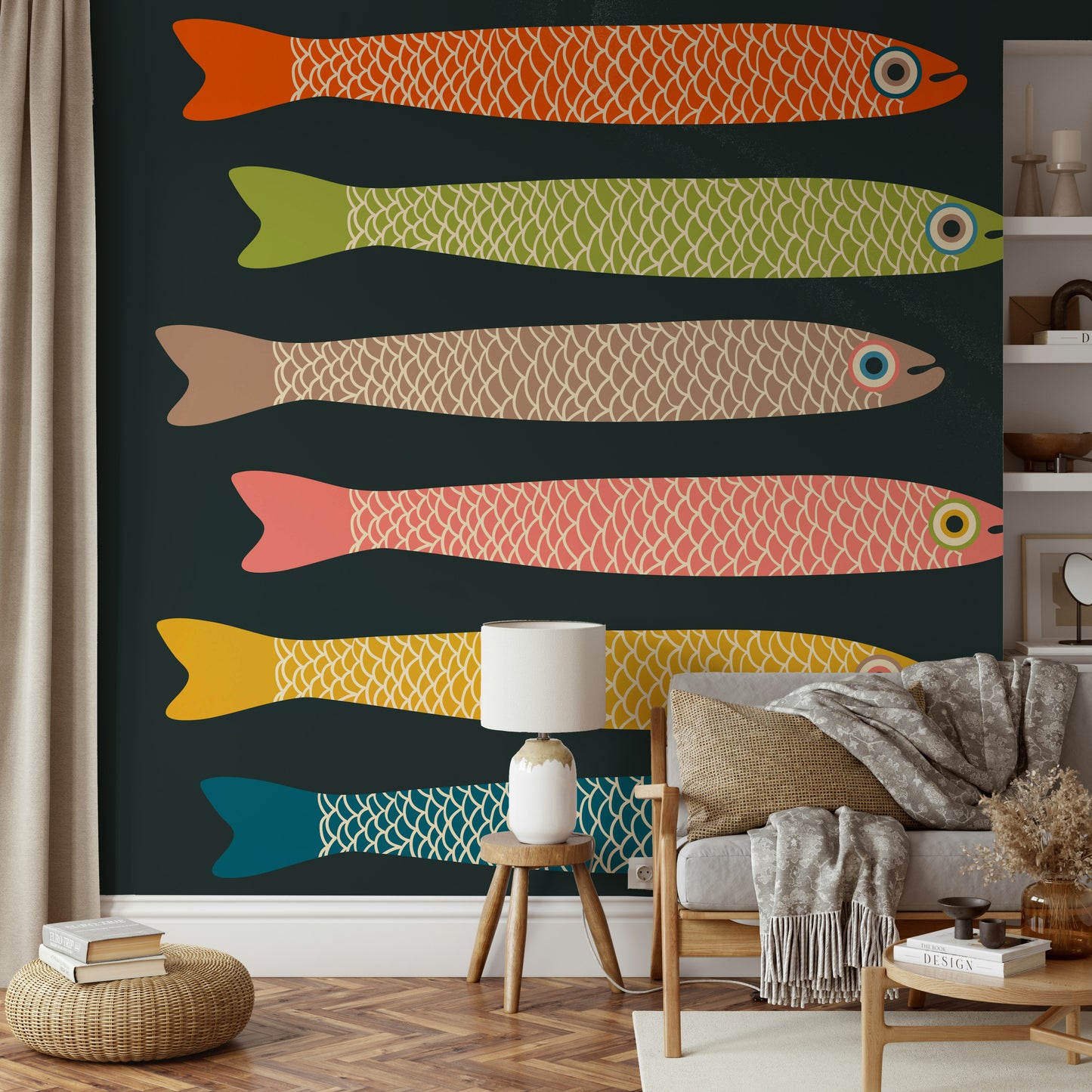 Anchovies Retro Vintage Multicolored Fish on Charcoal Wall Mural.

