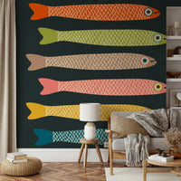 Anchovies Retro Vintage Multicolored Fish on Charcoal Wall Mural.


