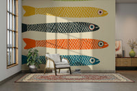 Fun and colorful anchovies fish design wall mural for lively rooms.

