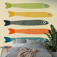 Anchovies Retro Vintage Multicolored Fish on Cream Wall Mural.

