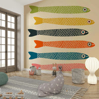 Retro-inspired fish mural on cream wall for modern interiors.

