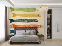 Playful retro fish mural in multicolors on a cream background.

