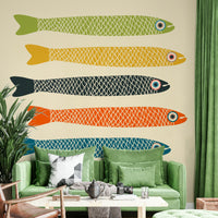 Retro vintage fish wallpaper mural with vibrant multicolored fish.

