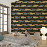 Bold retro vintage fish design on a deep charcoal wallpaper.


