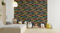 Retro fish wallpaper with vibrant tones on a charcoal wall.

