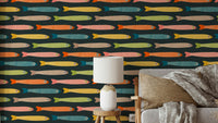 Anchovies Retro Vintage Multicolored Fish on Charcoal Wallpaper.

