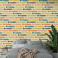Playful retro fish design wallpaper for quirky room decor.

