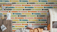 Anchovies Retro Vintage Multicolored Fish on Cream Wallpaper.

