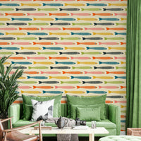 Fun, colorful fish wallpaper for walls in retro style.

