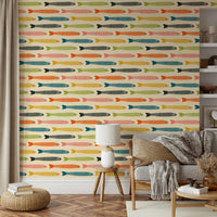 Retro multicolored fish wallpaper for kitchens and dining rooms.

