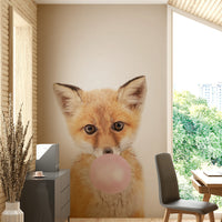 Whimsical fox mural blowing bubble gum in pink

