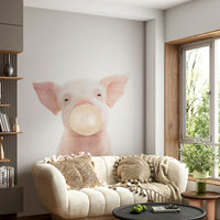 Lighthearted bubble gum piglet mural for kids’ rooms

