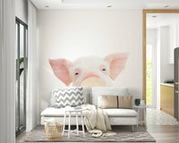 Playful piglet mural with bubble gum in vibrant pink hues

