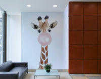 Cute giraffe with bubble gum in vibrant mural design for decor.

