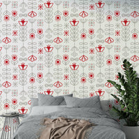 Scandinavian floral wallpaper with red blooms and grey tones

