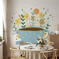 Floral tea break mural in soft pastels with tea cups

