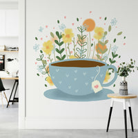 Vintage floral wall mural featuring tea set and blooms

