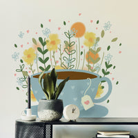 Charming floral mural with teacups and fresh blooms

