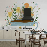 Tea time inspired floral mural with soft, calming colors

