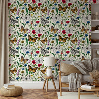Bright floral wallpaper with wildflowers and fluttering butterflies

