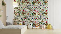 Pastel-colored wallpaper with wildflowers and butterfly patterns

