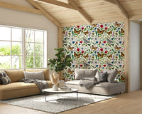 Wildflower and butterfly wallpaper for a light, airy feel

