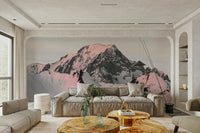 Snowcapped mountain mural with pink hues, perfect for modern home decor.

