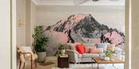 Peaceful snow-covered mountain landscape mural for a calming atmosphere.

