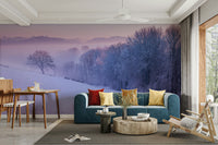 Snowy trees and misty landscape mural for creating a cozy winter vibe.


