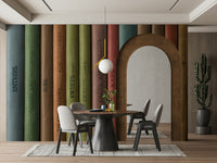 Library-inspired wall mural with a collection of vintage book spines.


