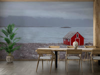 Seaside hideaway mural with a red cabin and peaceful landscape.

