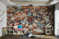 Beach Treasures Wall Mural with seashells and smooth stones.


