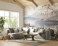 Bench by Still Lake Wall Mural with tranquil lakeside view.

