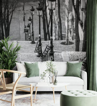 Montmartre stairs and lamps mural bringing Parisian charm indoors.


