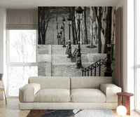 Parisian stairway mural with vintage street lamps and steps.

