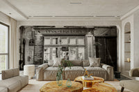 Elegant Paris sidewalk cafe mural with tables and window lights.


