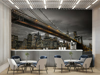 Urban wall mural of bridge and New York skyscrapers

