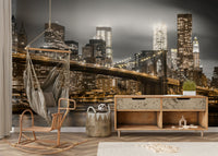 Monochrome night mural with hints of golden city lights

