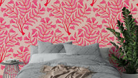 Fuchsia and pink trumpet flower damask wallpaper

