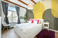 Abstract arch wall mural with neutral warm palette

