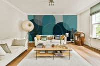Geometric wall mural with soft turquoise arches

